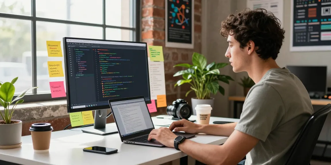 Developer building internal tools with AI in a bright digital workspace with coding on the screen and motivational notes.