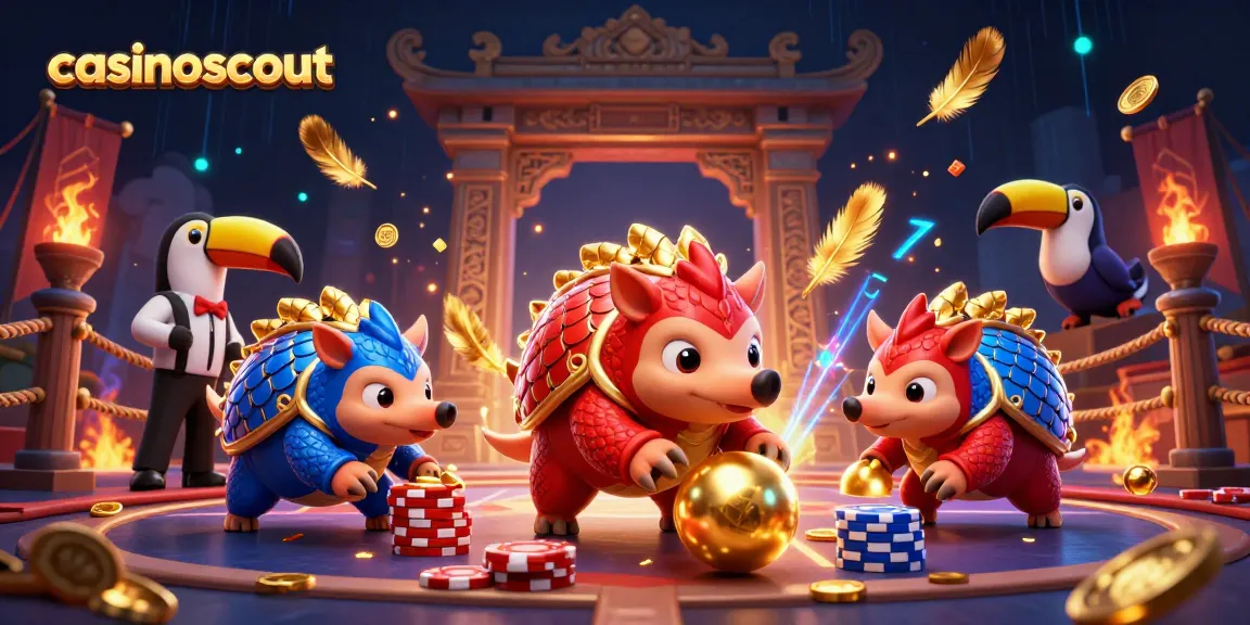casinoscout showcases rival pangolins rolling poker chips in a vibrant 3D casino scene.