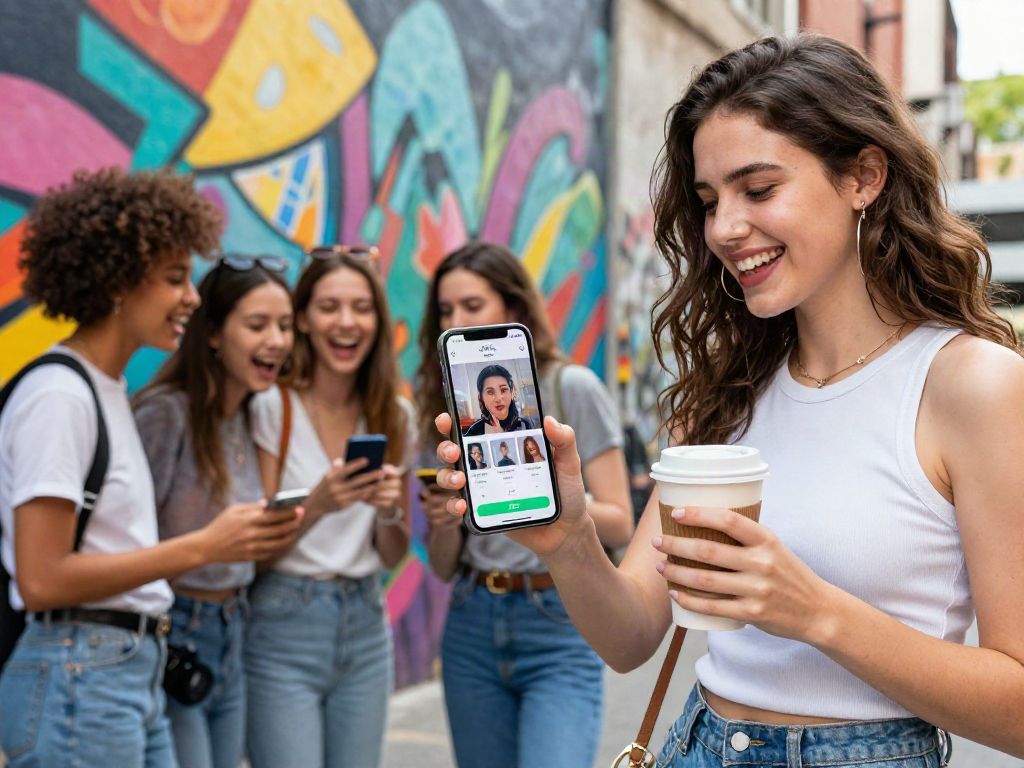 Young woman using an app to find who she looks like celebrities in a vibrant urban setting with friends.