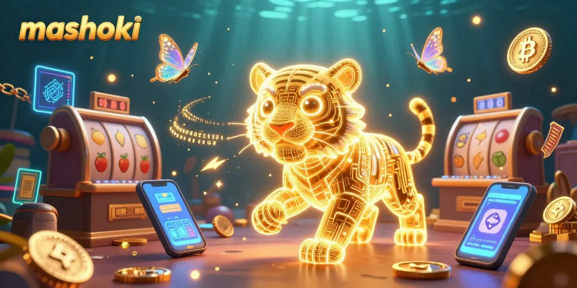 Engage with mashoki in this vibrant digital casino scene featuring a neon tiger and crypto elements.