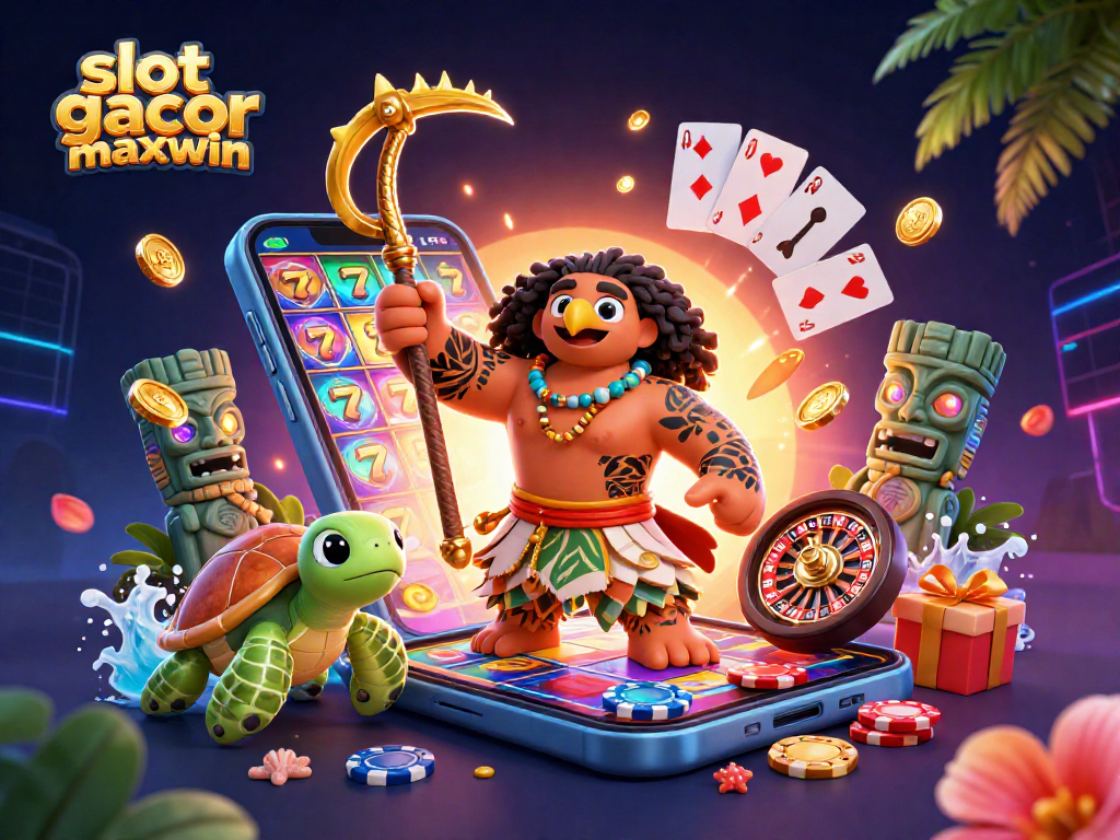 Experience the thrill of slot gacor maxwin with a dynamic 3D illustration featuring vibrant slot game elements.