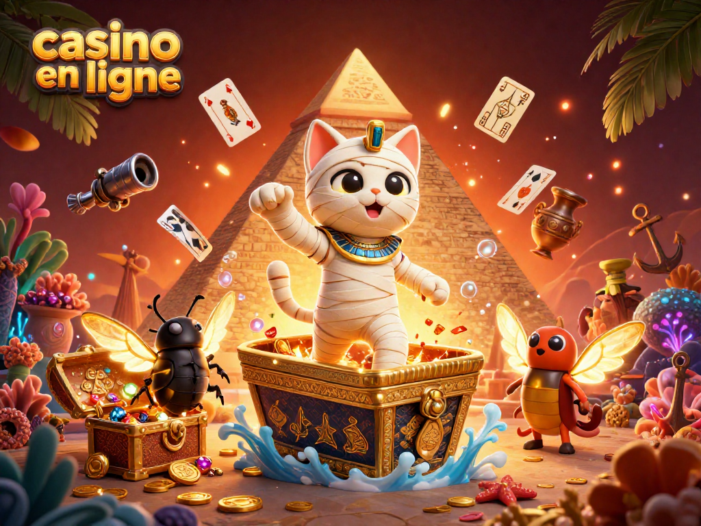 Plonger dans le monde des jeux de casino en ligne avec un chat momie égyptien dans une scène explosive remplie d'éléments dorés.