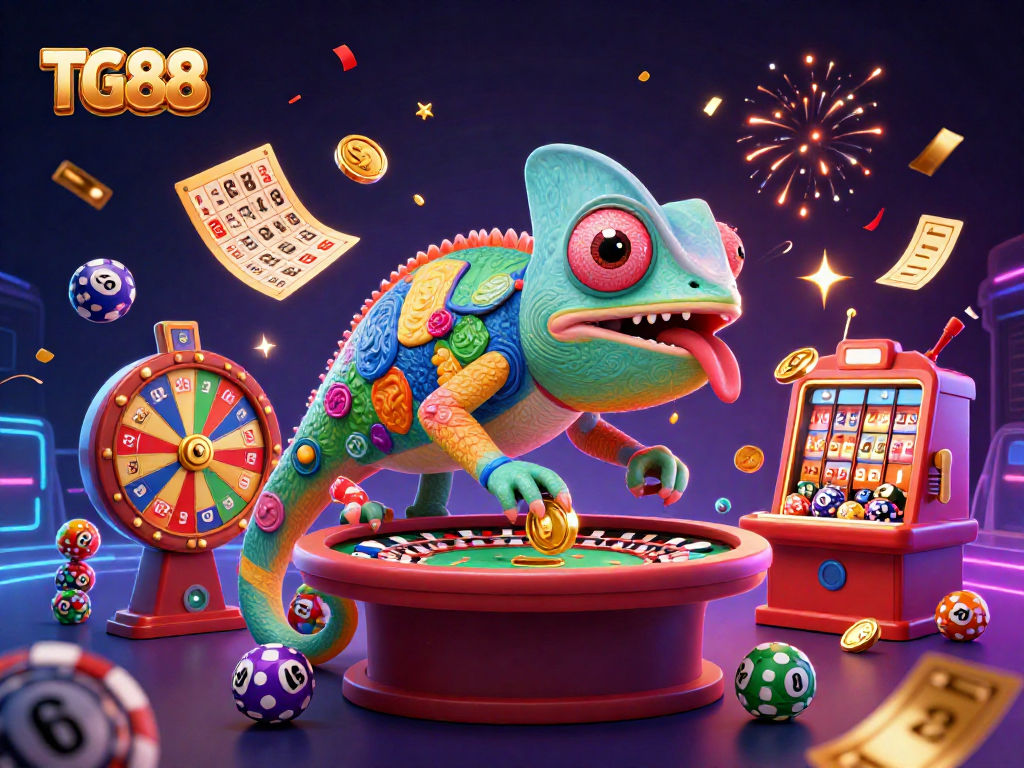 Engage with TG88's vibrant online casino experience featuring dynamic lottery elements and a playful chameleon owner.