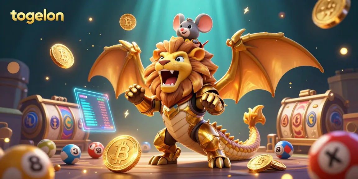 Togelon entertains players with a vibrant 3D scene featuring a golden-armored chimera, showcasing lottery excitement and gaming energy.