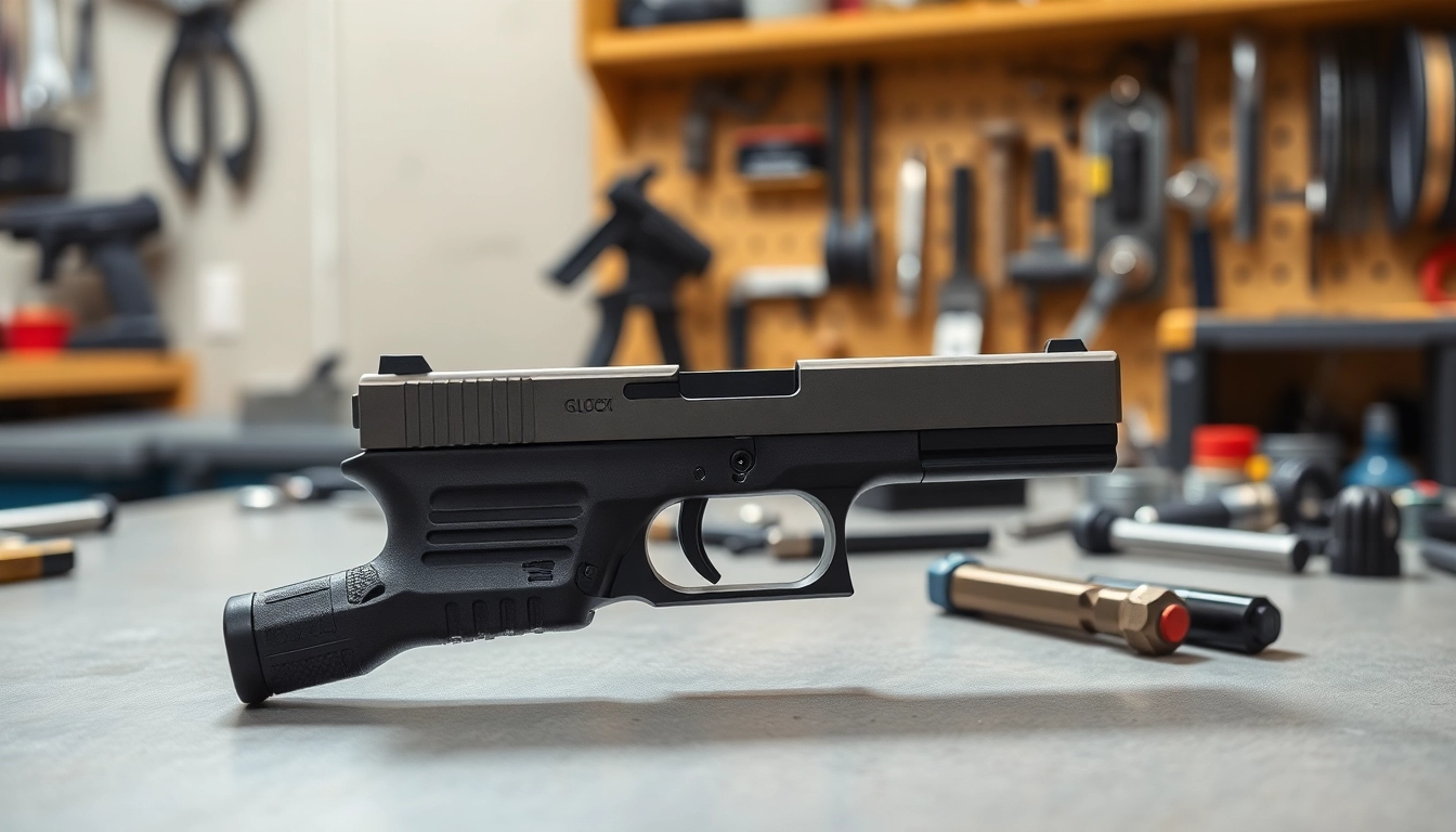 Showcase of a glock 17 slide for sale highlighting its design and craftsmanship on a workbench.