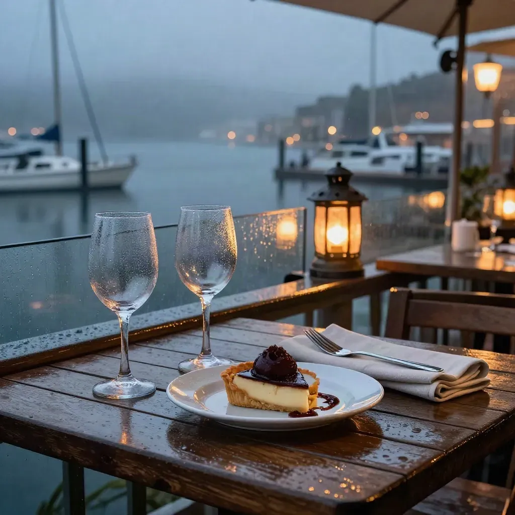 Rainy harbor bistro terrace with dessert, glasses, lantern glow, and city lights at night.