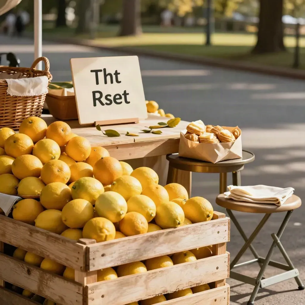Sunlit farmers market crates of citrus, pastries, and a stool beside a park path.