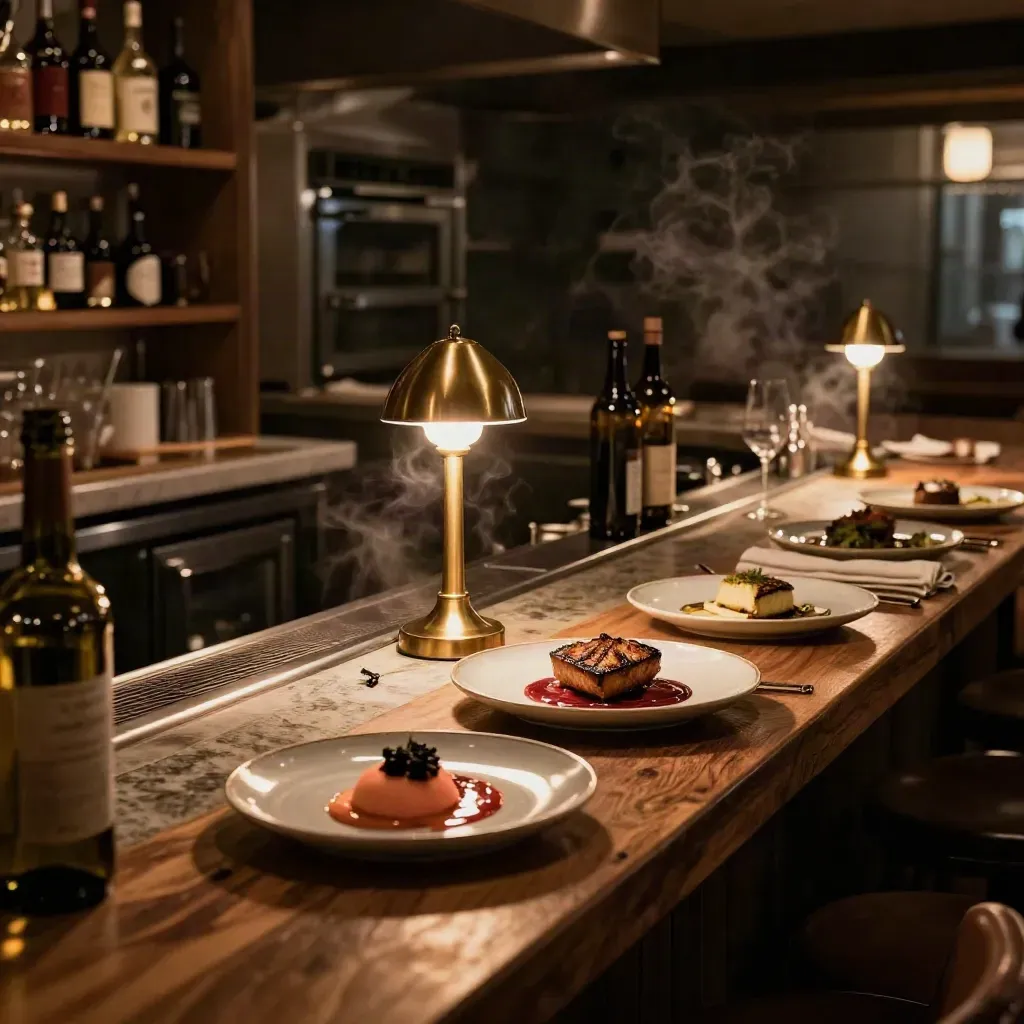 Late-night bistro counter with seared plates, brass lamp, steam, and dark bottles.