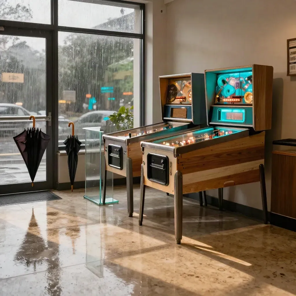 Rainy indoor arcade corner with pinball glow, glass pedestal, umbrellas, and wet window reflections.