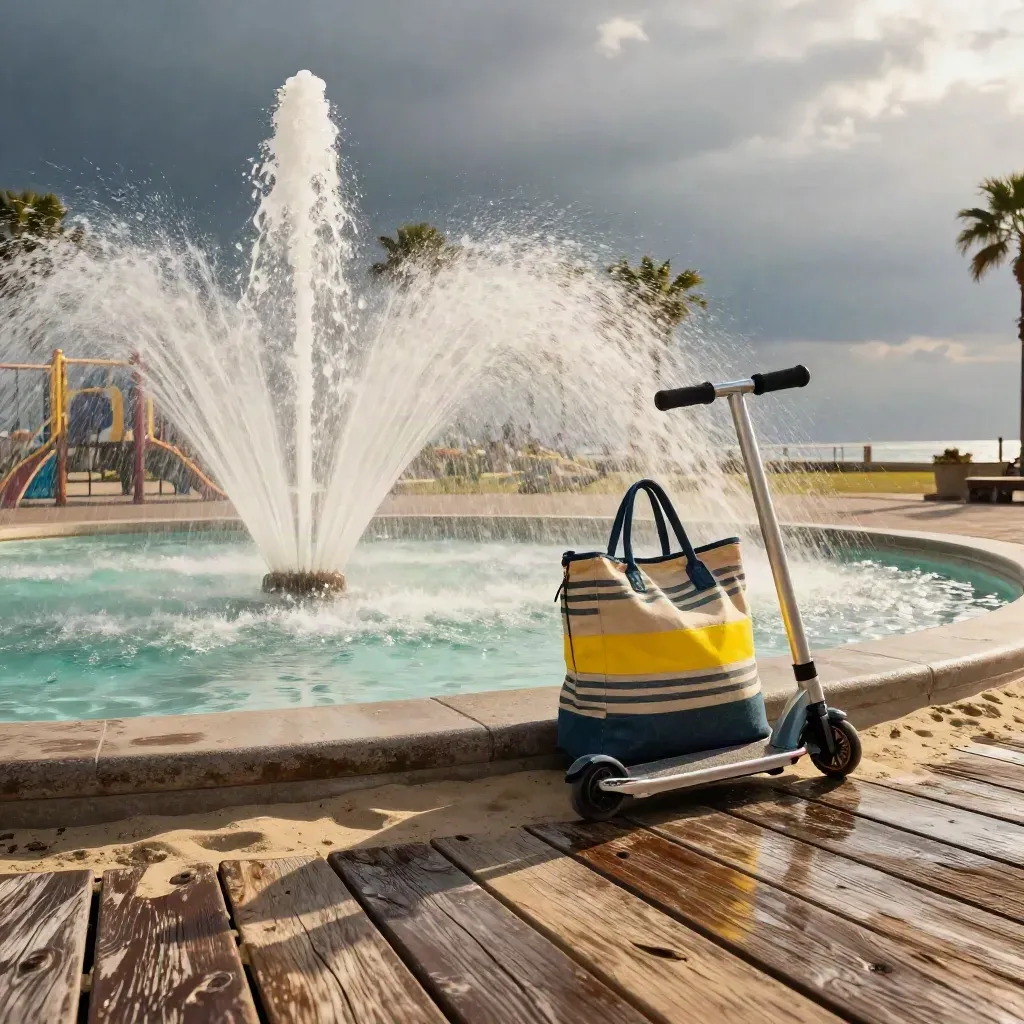 Low boardwalk view of a splash fountain, striped beach bag and scooter under palms.
