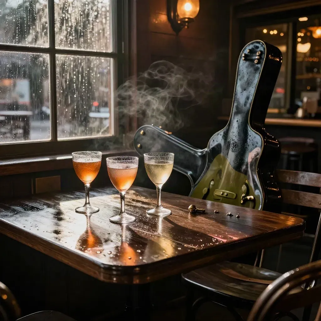 Rain-beaded honky-tonk patio with cocktails, guitar case, and warm bar lights.