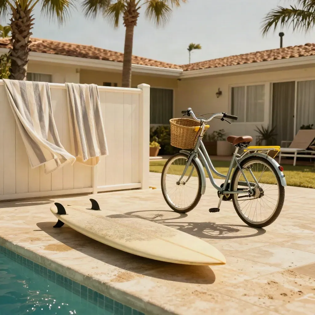 Surfboard, towels and rental bike beside a sunlit motel pool with palms
