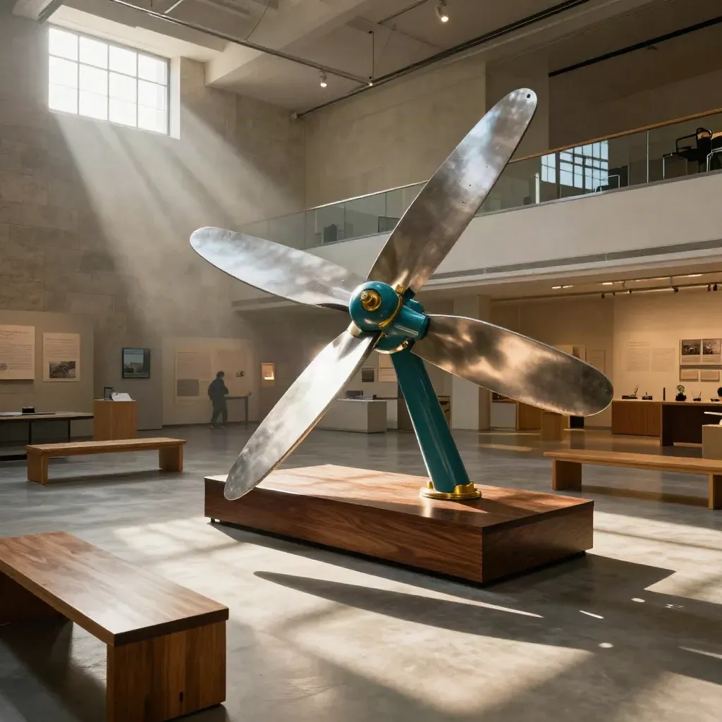 Science museum gallery with a turning kinetic sculpture and skylight reflections.