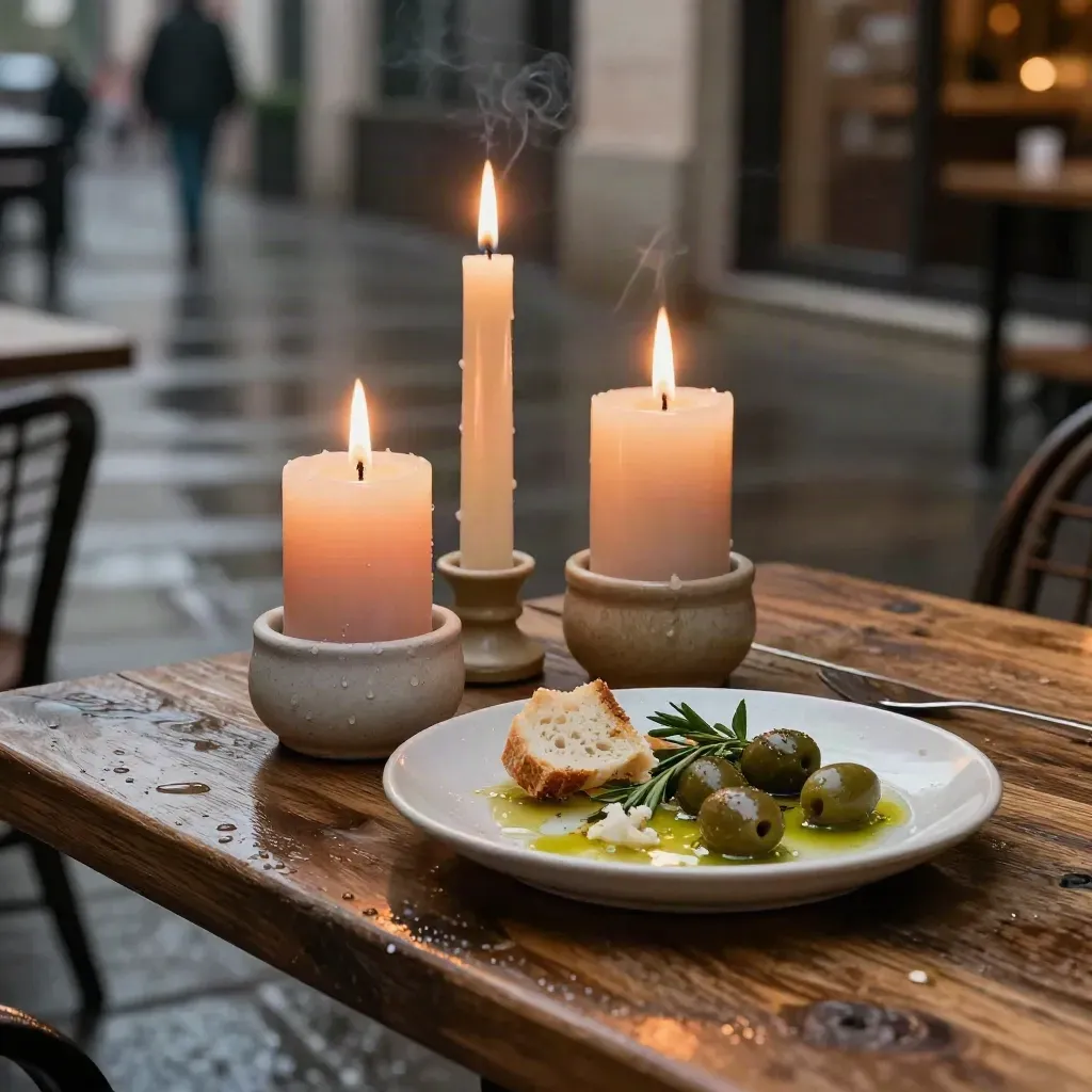 Macro patio candles and appetizer plate on a rain-slick wine bar table at dusk