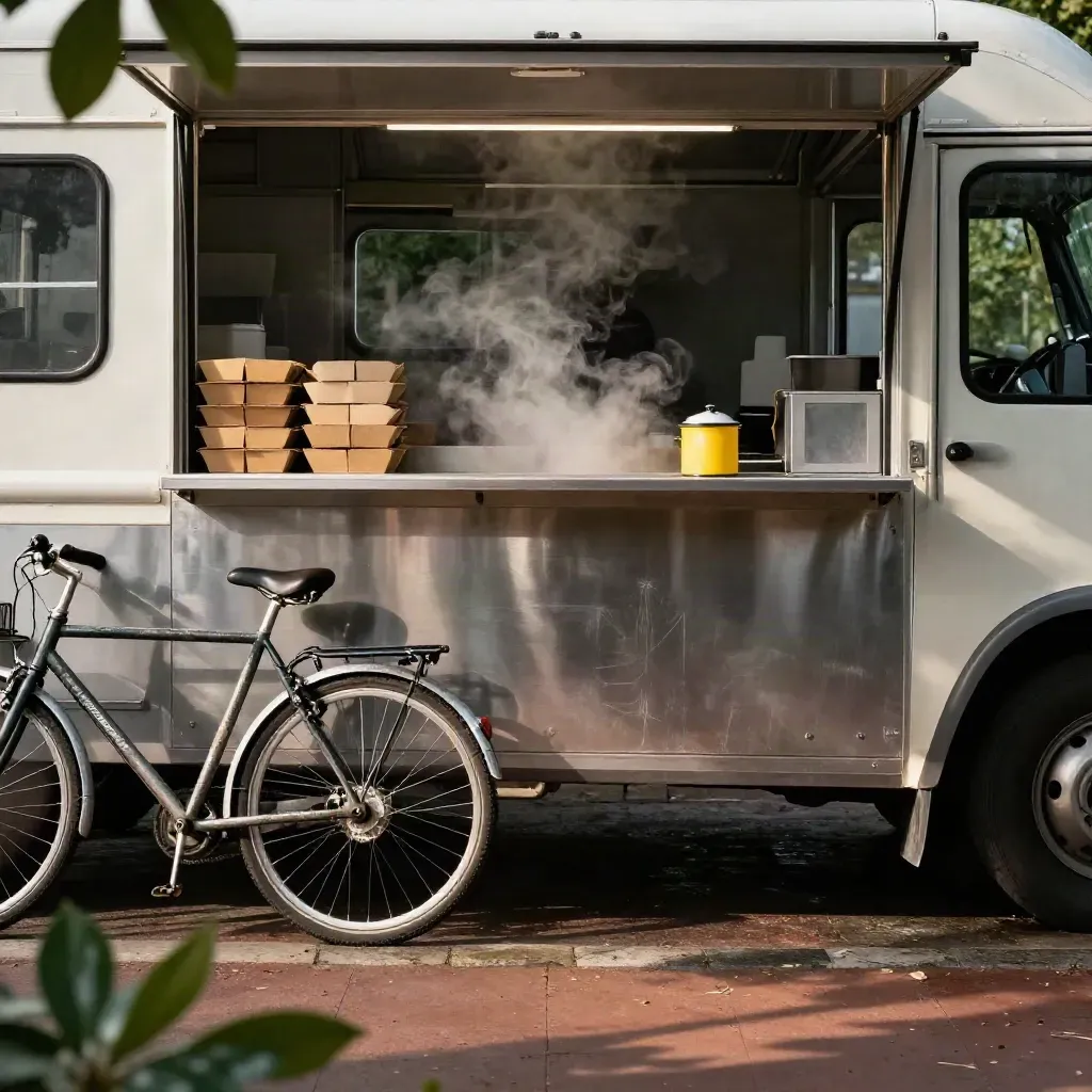 Steam rises from a park-edge food truck beside a bicycle and paper trays.