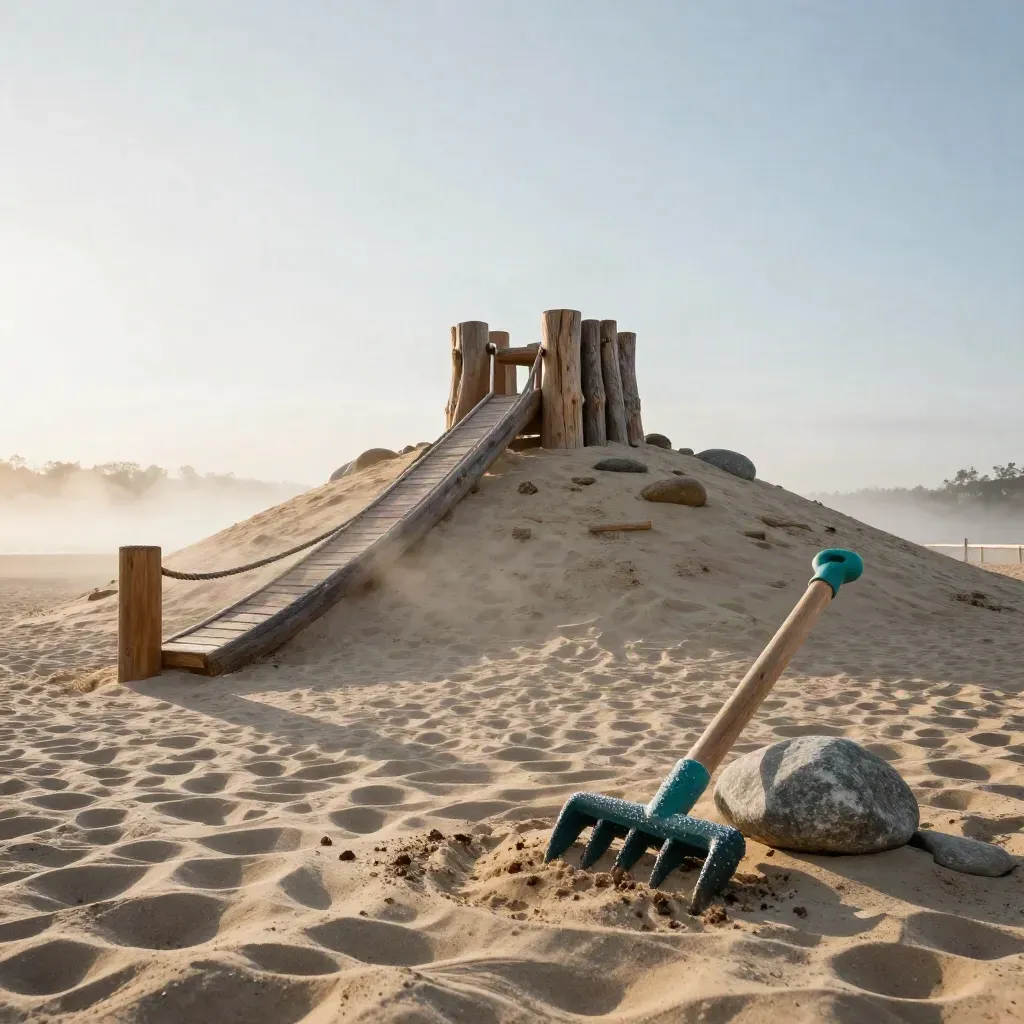 Mist lifting over a timber play hill with rope tunnel and sandbox rake, seen from the base.