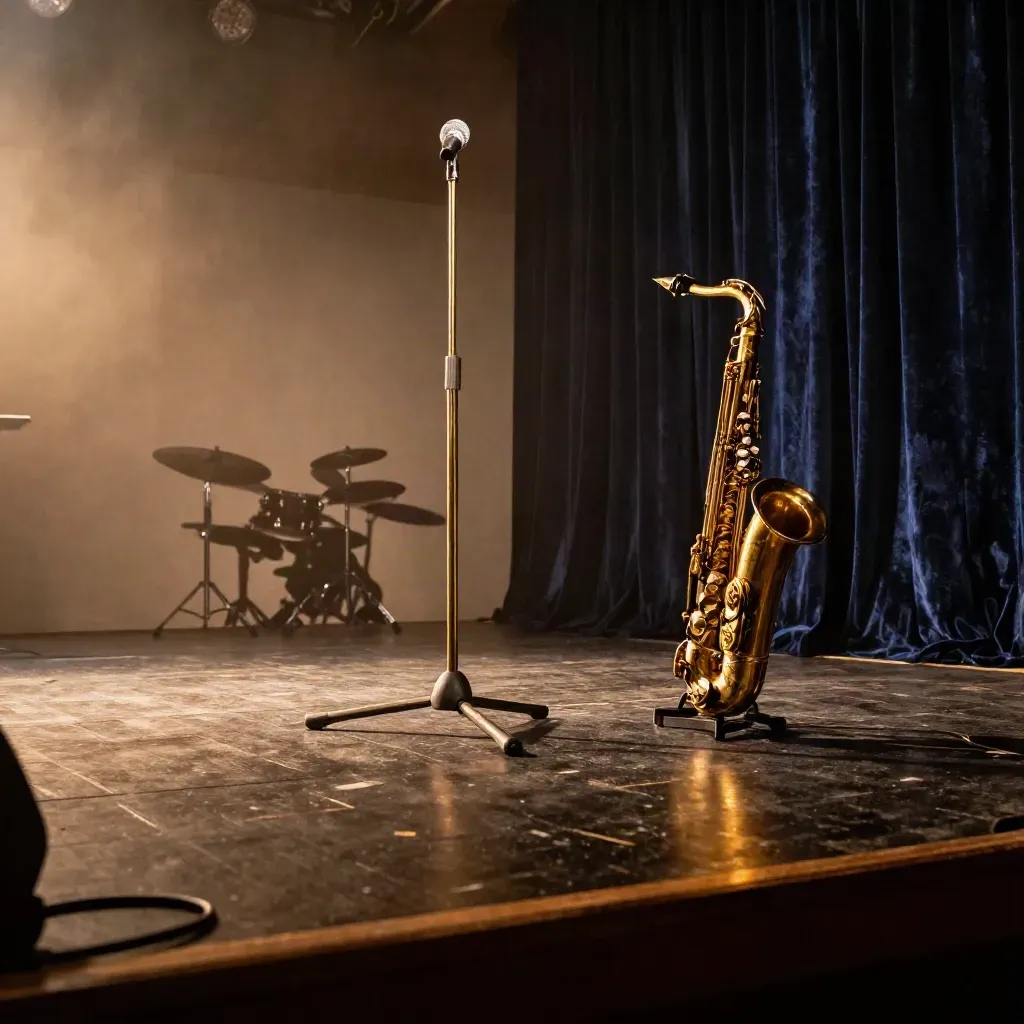 Low-angle stage setup with mic stand, saxophone, drum shadows, and navy curtains.