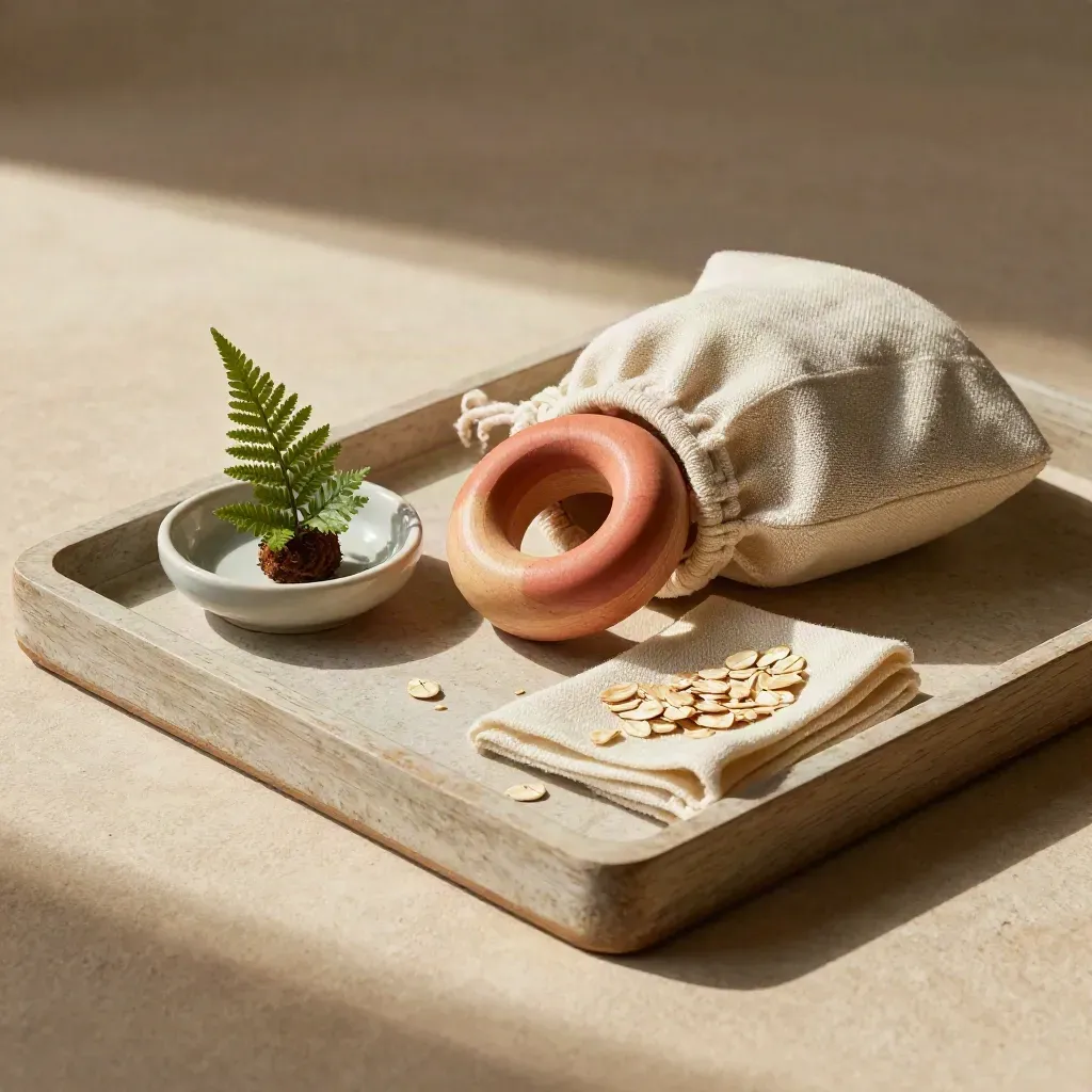 Wood stacking-ring toy with fern, pouch and ceramic dish on a pale stone tray.
