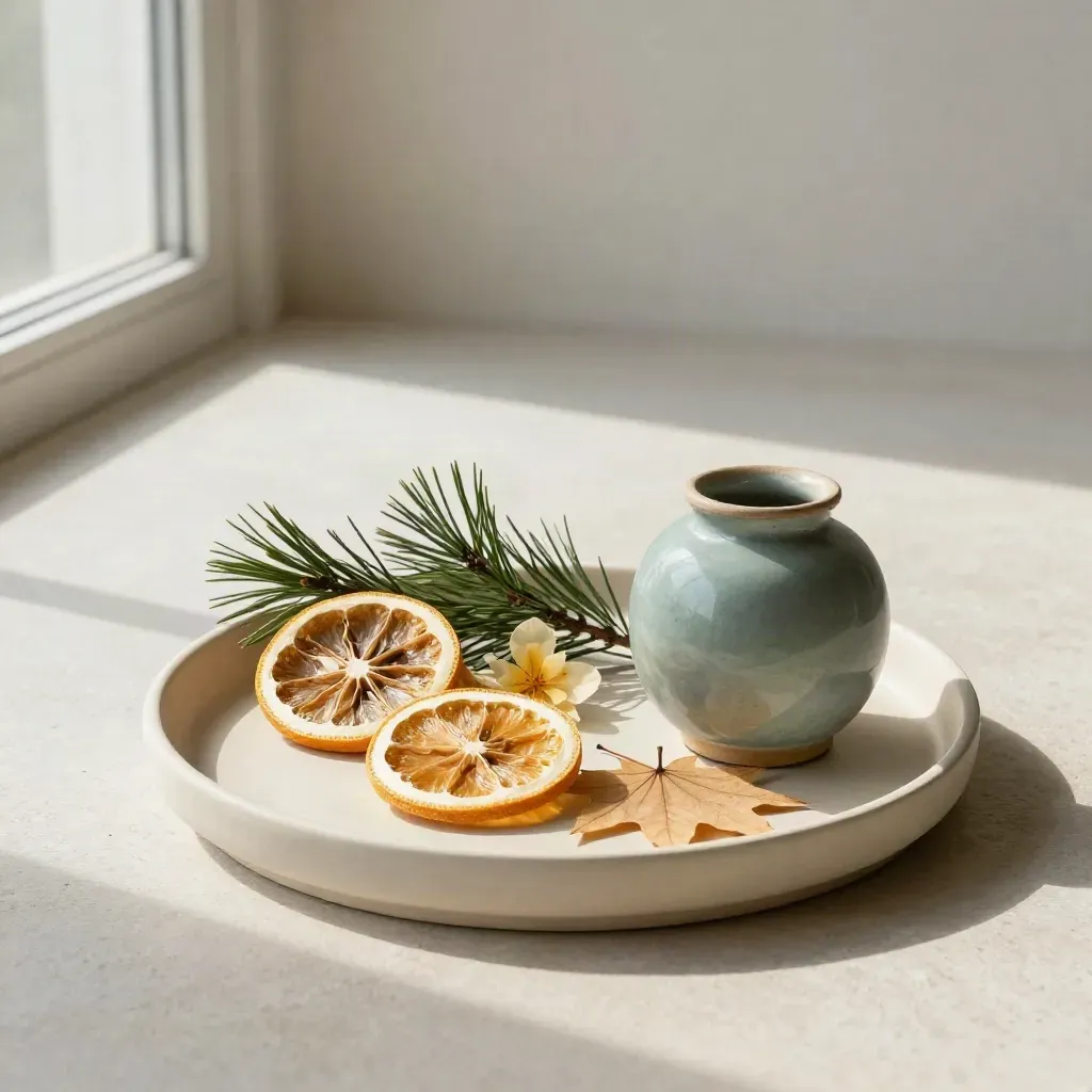 Seasonal tray with dried citrus, pine, blossom, maple leaf, and a small teal-glazed vessel.
