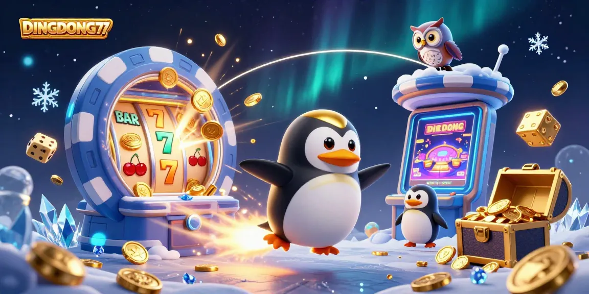 DINGDONG77 showcases an energetic casino scene with a penguin and jackpot elements, capturing the thrill of winning.