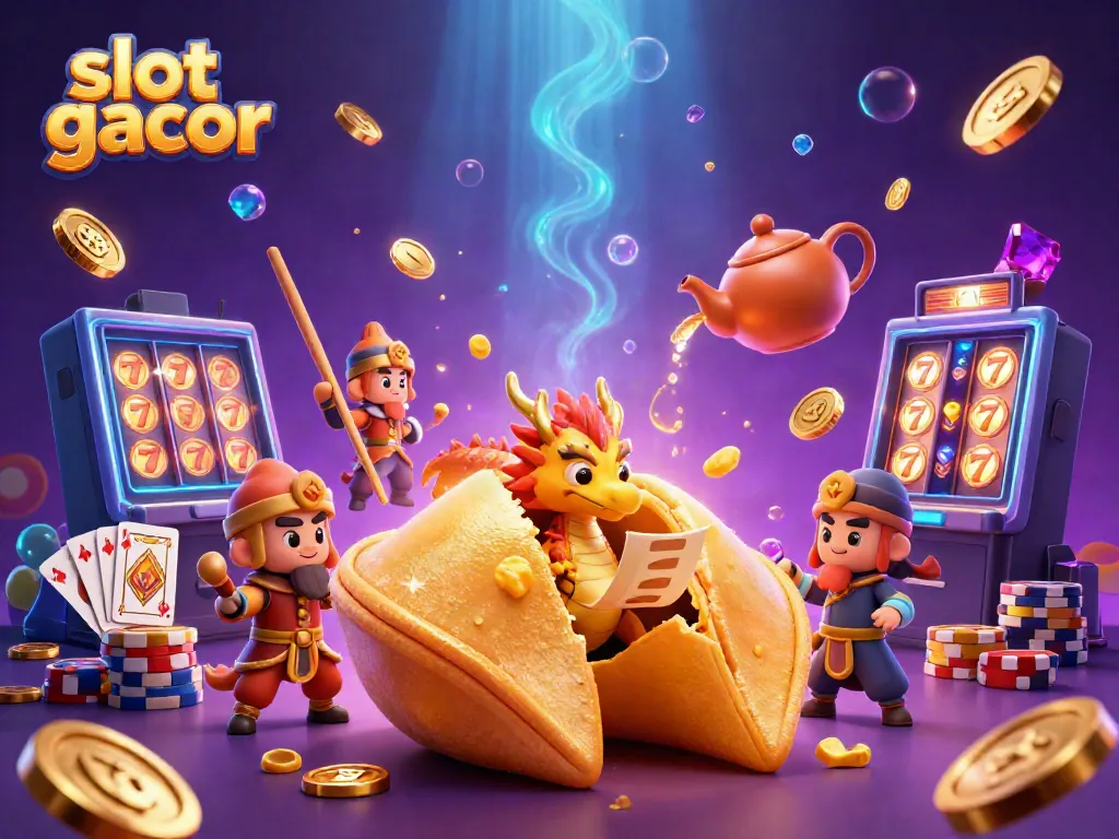 Slot gacor menampilkan kue keberuntungan emas dengan naga bijak dan prajurit sumpit, gelombang emas dan permainan slot yang menakjubkan.
