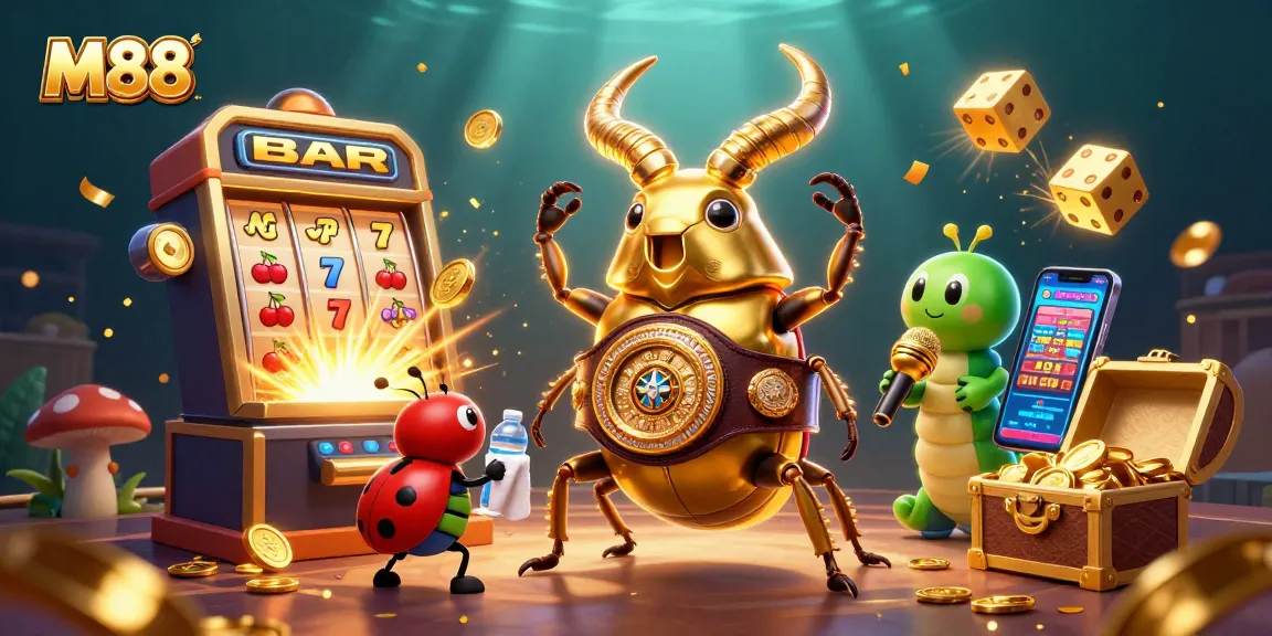 M88's dynamic gambling scene with a golden stag beetle, slot machine jackpot, and vibrant casino elements