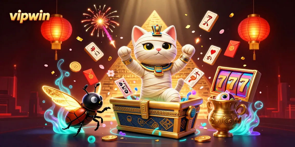 Experience the thrill of vipwin with a dynamic casino scene featuring a mummy cat and glowing symbols.