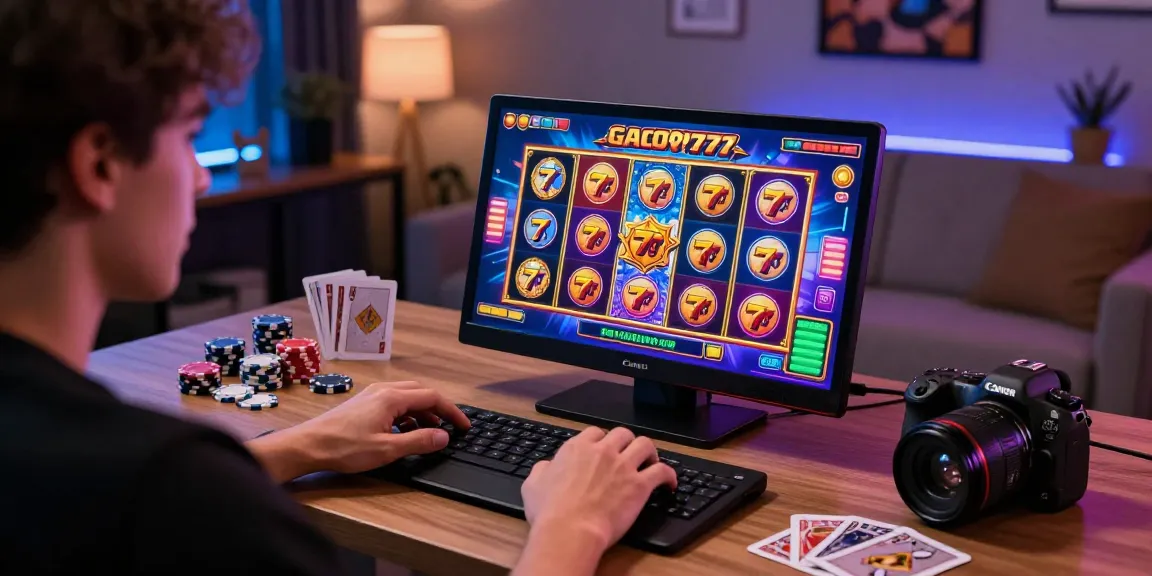 Player enjoying slot gacor 777 online gaming experience with vibrant graphics and modern setup.