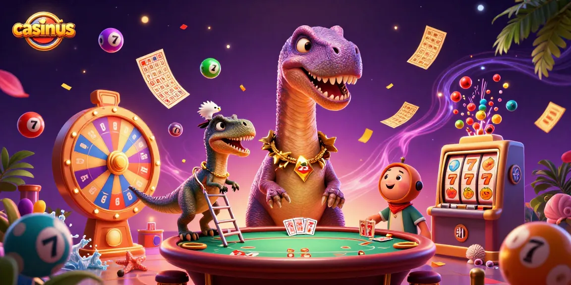 Casinous showcases a whimsical 3D casino scene with a giant brontosaurus and clever raptor, playing cards amidst vibrant lottery balls.