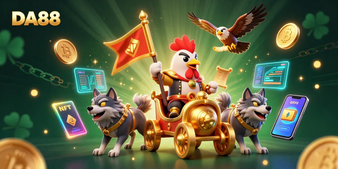 Engage with DA88's thrilling casino experience featuring a spirited rooster warlord and crypto elements.