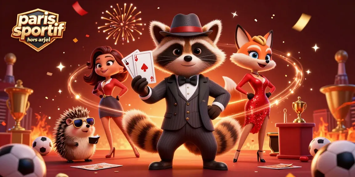 Paris sportif hors Arjel : scène dynamique avec des personnages de casino, enjeux sportifs et visuels amusants.