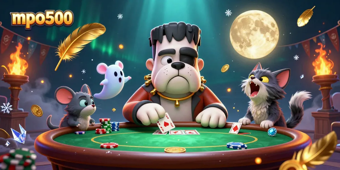Experience poker excitement at mpo500 with a Frankenstein bulldog dealer and vibrant gaming elements.