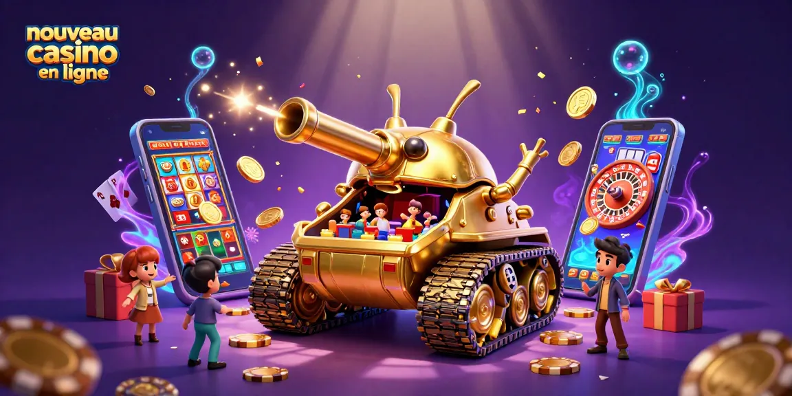 Plongez dans l'univers du nouveau casino en ligne avec un tank coccinelle doré abritant un mini casino animé.