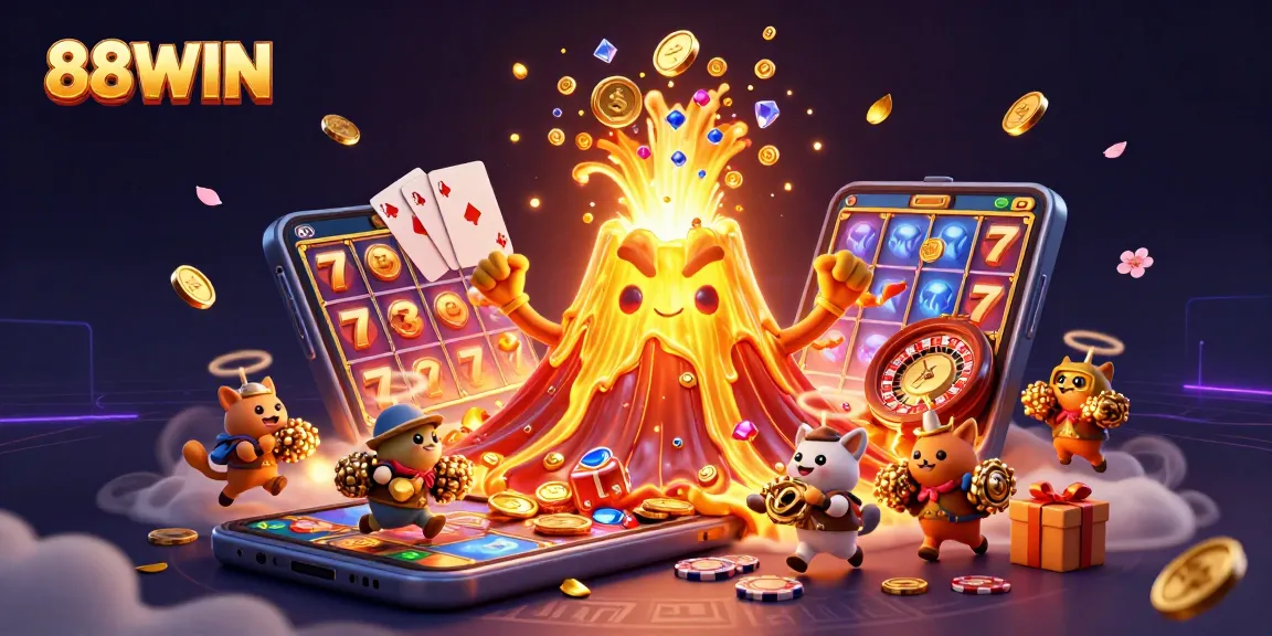 Experience thrilling gameplay at 88WIN with a triumphant volcano spewing treasure in a 3D casino scene.