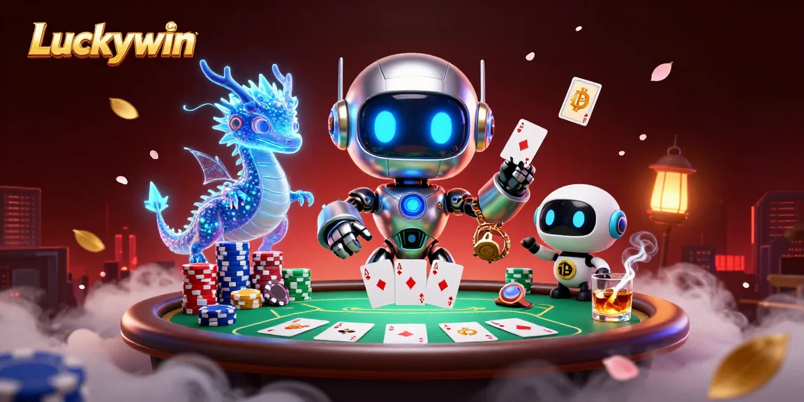 Join Luckywin's 3D casino adventure, featuring a cyberpunk robot and poker elements.