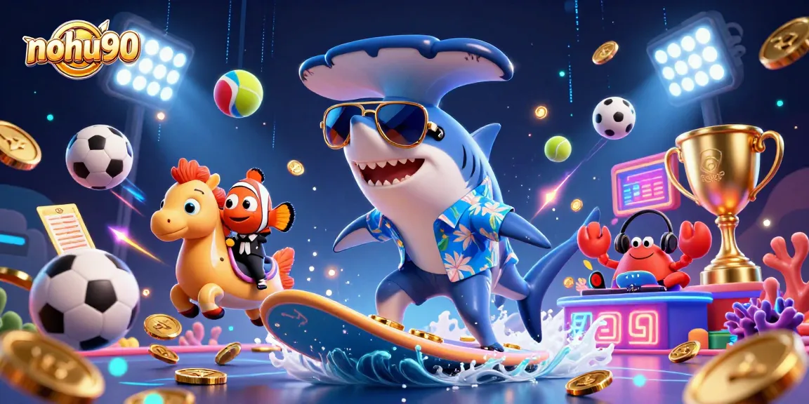 Experience nohu90 with vibrant 3D characters surfing gold coins and celebrating gambling victories.