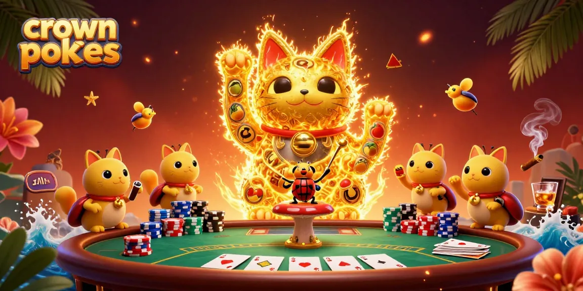 Experience crown pokies with a vibrant illustration of a lucky cat and animated poker elements.