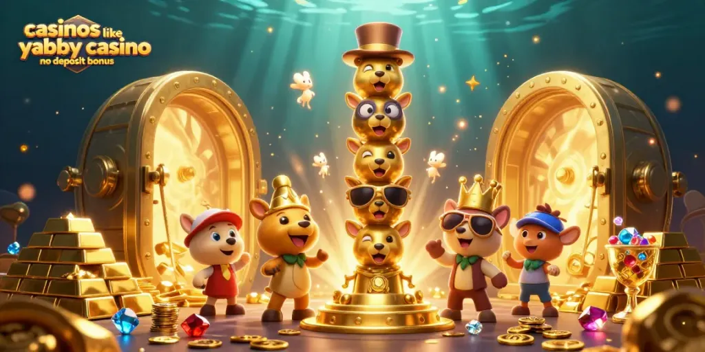 Win big at casinos like yabby casino no deposit bonus with vibrant 3D illustration of gaming extravaganza.