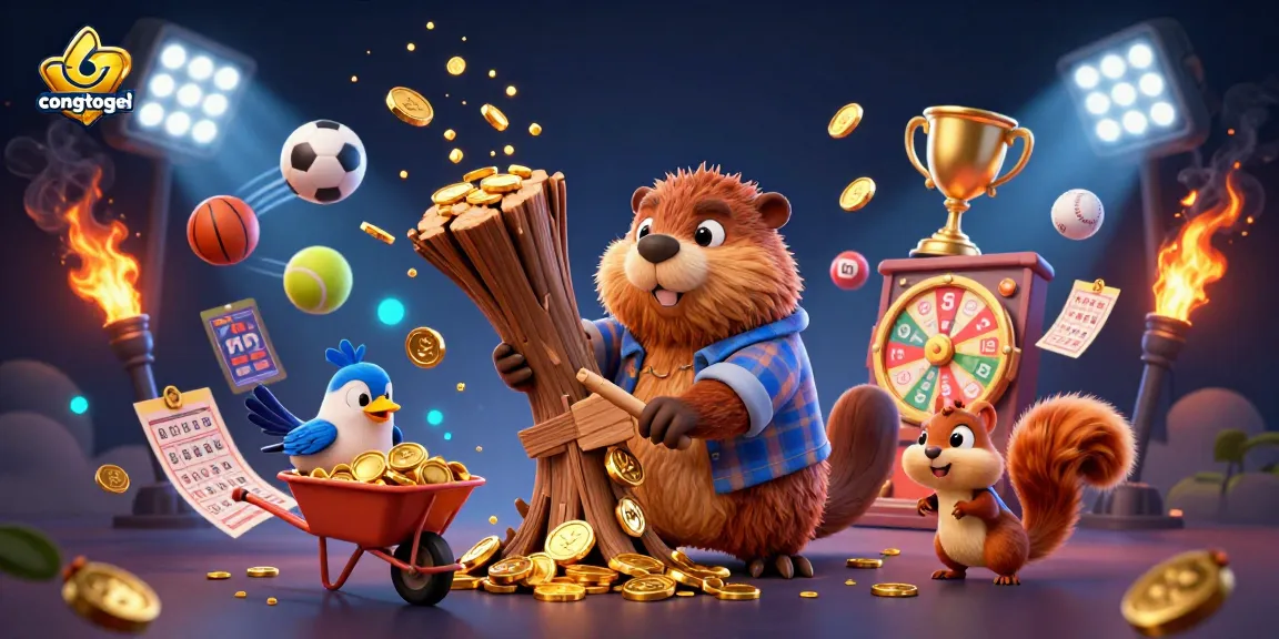 congtogel showcases a vibrant, energetic 3D illustration of lottery and sports elements with beaver characters