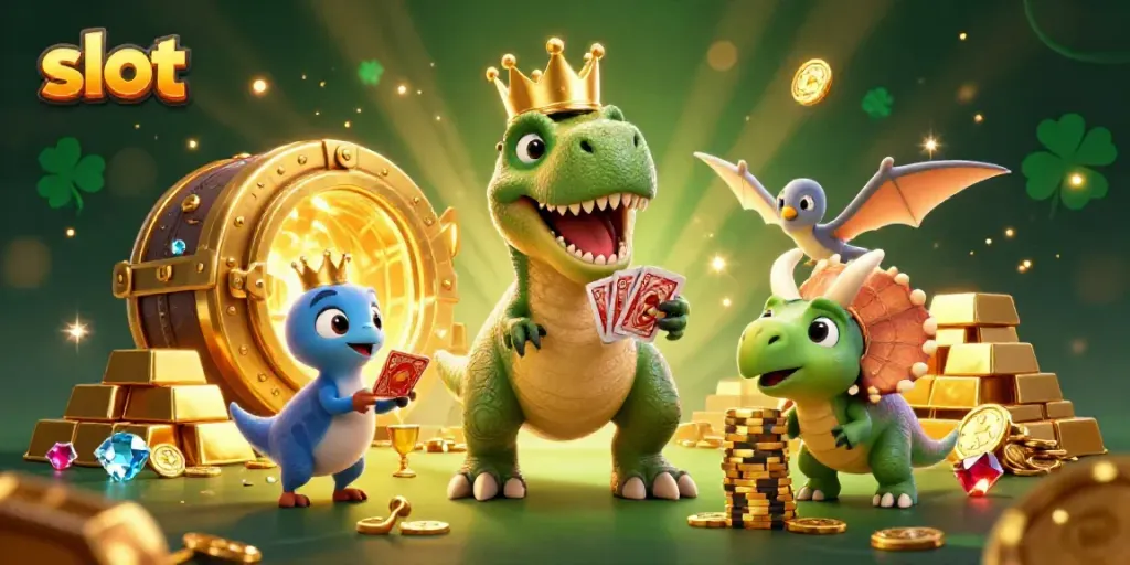 Slot mesin yang menyenangkan dengan dinosaurus dan harta karun berkilau, penuh aksi dalam permainan kasino.