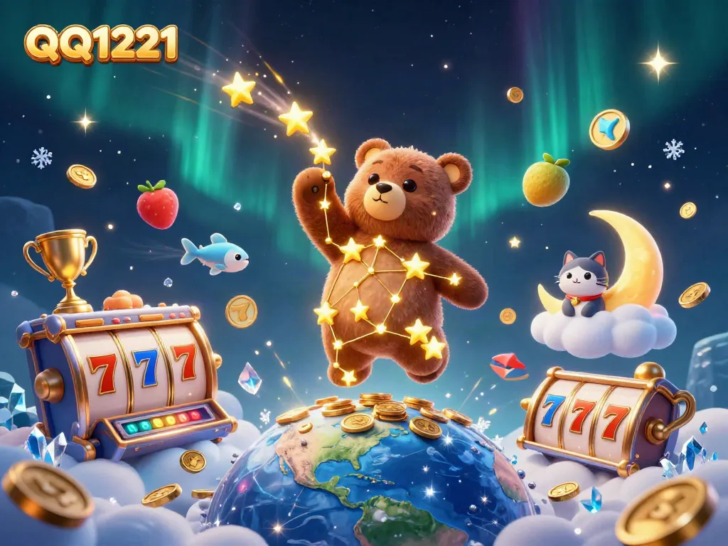 Experience QQ1221 with a constellation bear collecting coins in a rich slot-themed illustration.