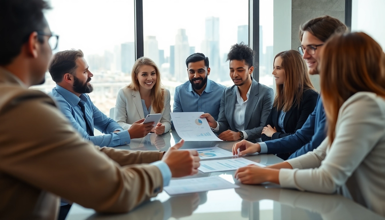 Discussing merchant cash advance rates among professionals in a bright office setting.