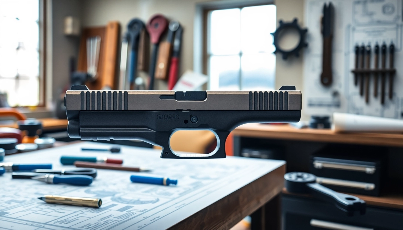 OEM Glock slide displayed prominently in a detailed workshop setting.