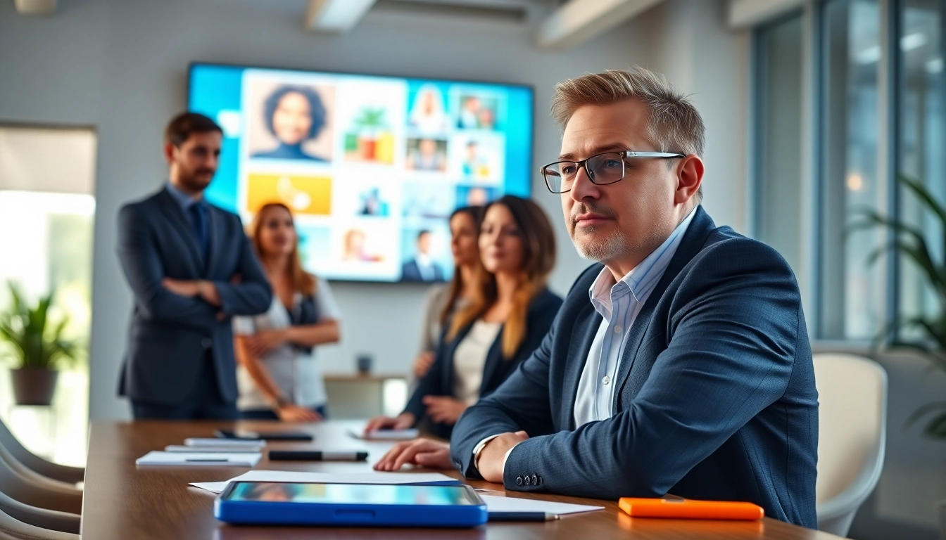 Marketing director leading a strategic team meeting in a modern office setting.