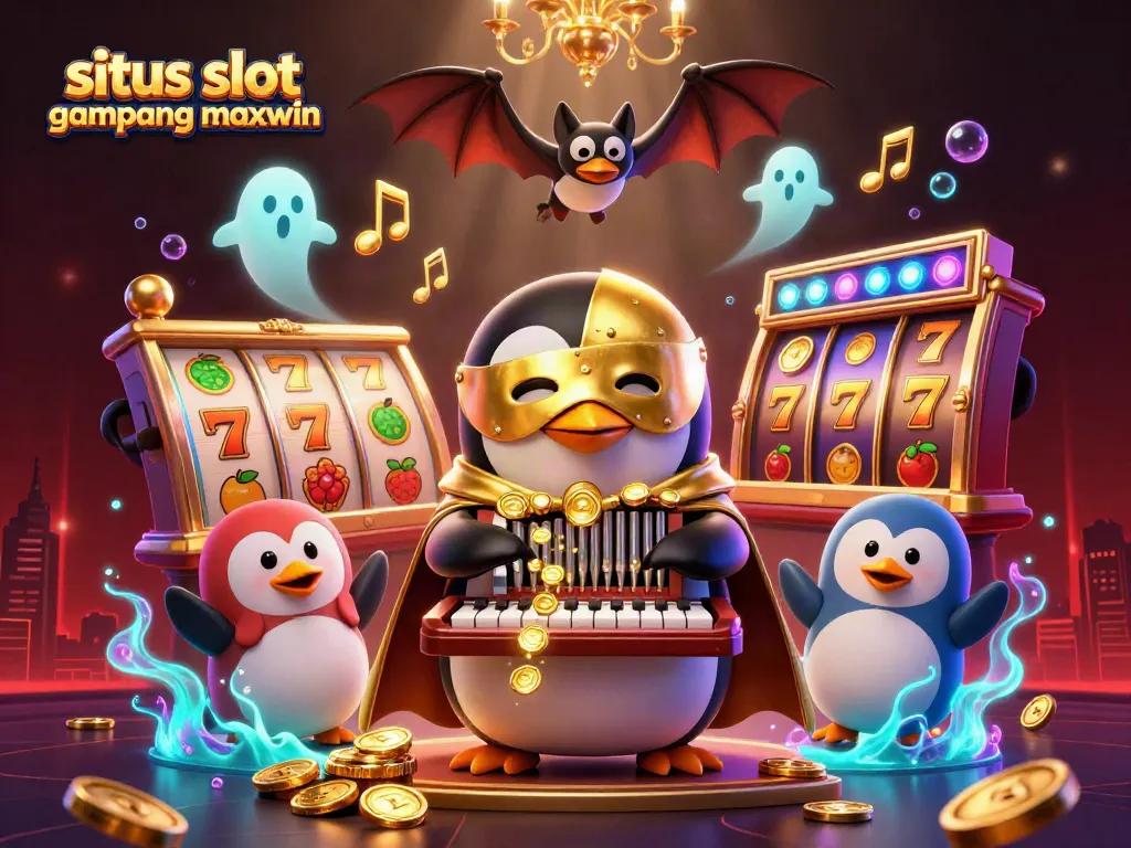 Win big with situs slot gampang maxwin as the penguin organist blasts gold coins amidst spinning slot reels.