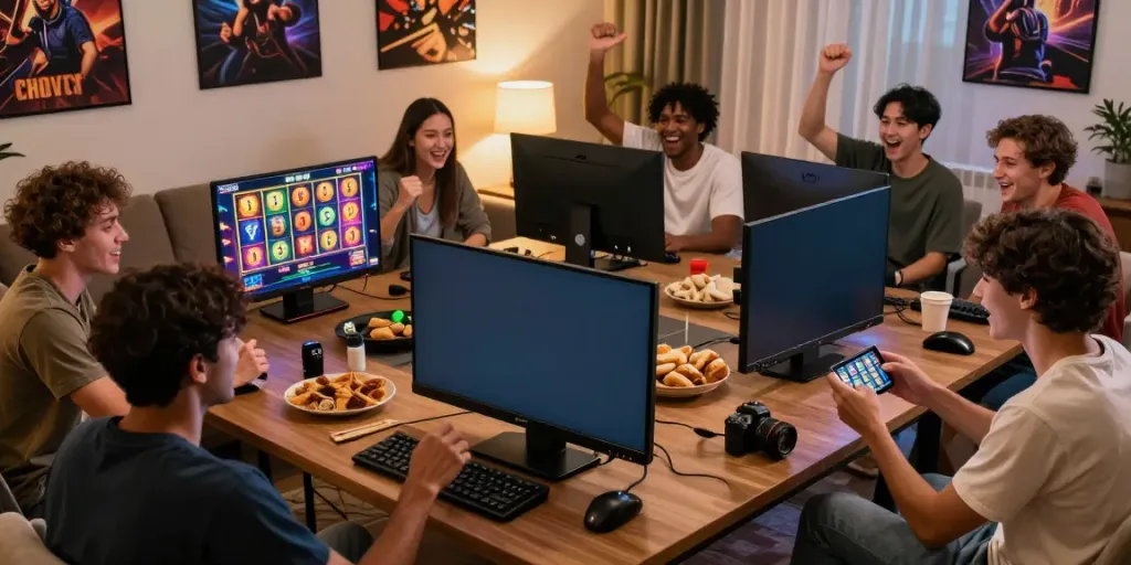 Friends enjoying an interactive PG SLOT gaming session in a cozy living room with vibrant visuals on screen.
