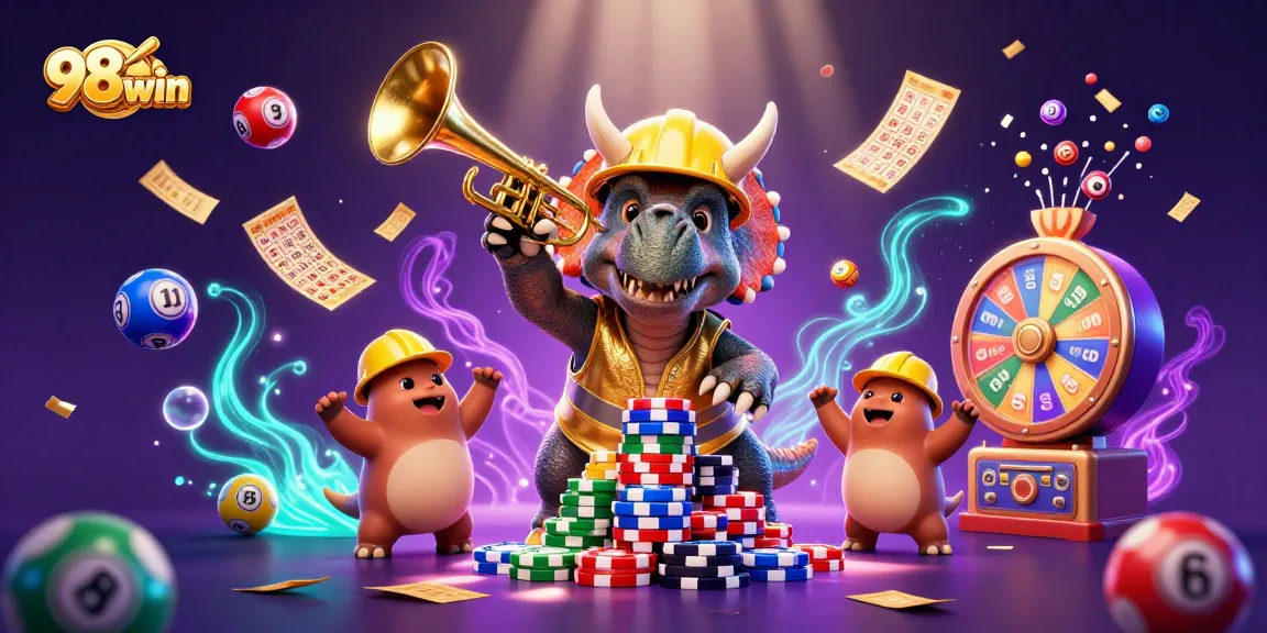 Engage with vibrant 98win casino excitement featuring animated characters and playful casino elements.