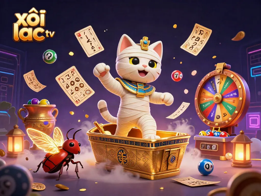 Experience thrilling moments with Xôi Lạc TV as the Egyptian mummy cat and scarab beetle engage in vibrant gambling excitement.