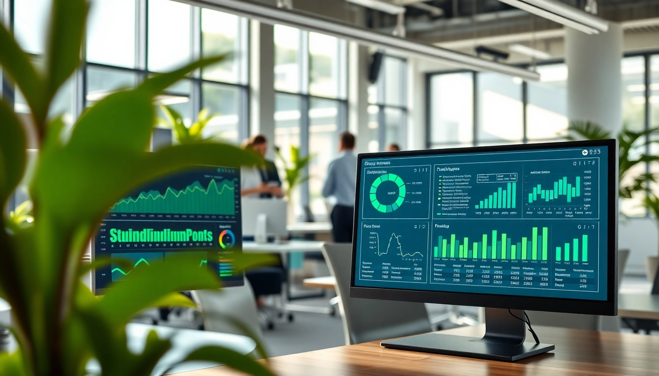 Visual representation of multi site business energy management in an efficient office environment.