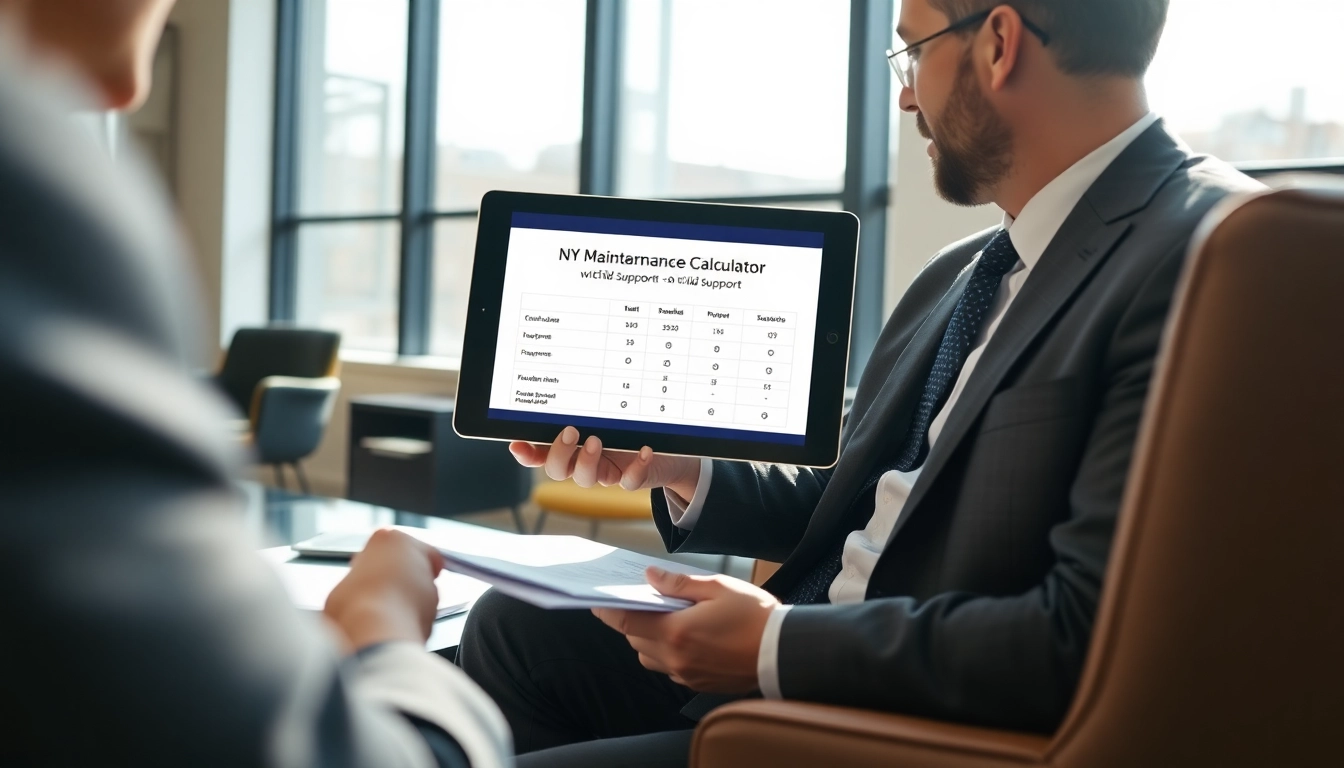A professional discussing the NY maintenance calculator with child support in a stylish law office.